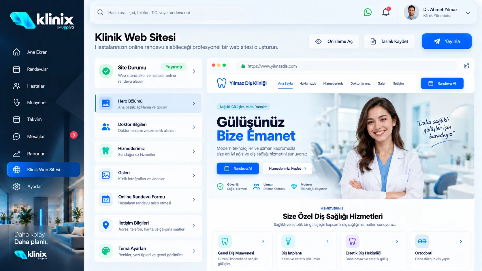 Klinix Klinik Web Sitesi arayüzü